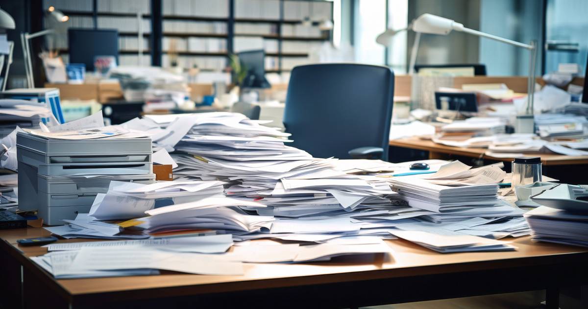 Een bureau vol met stapels papieren door afwezigheid van een werknemer