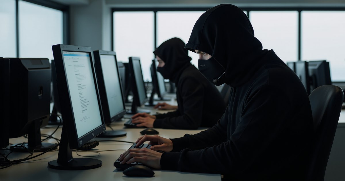 Medewerkers op kantoor werkend achter de computer met capuchon en masker op